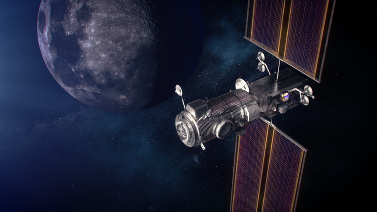 An artist's mockup of the Lunar Gateway’s Power and Propulsion Element and Habitation and Logistics Outpost in orbit near the Moon.