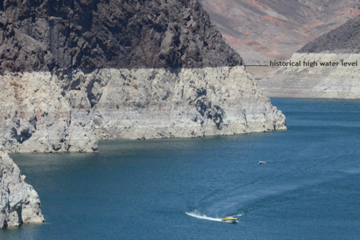 Low water levels in Lake Mead compared to the historical high mark. 