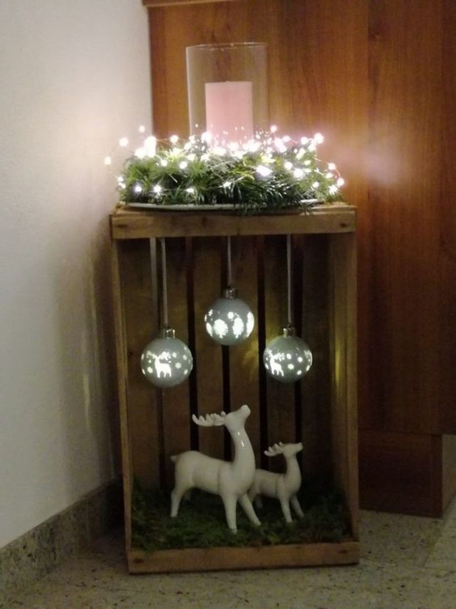 Crate With Silver Baubles and Deer