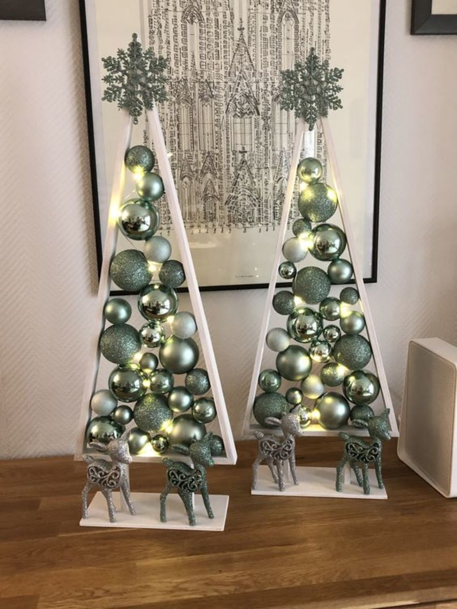 Triangle Trees Filled With Silver and Aqua Baubles