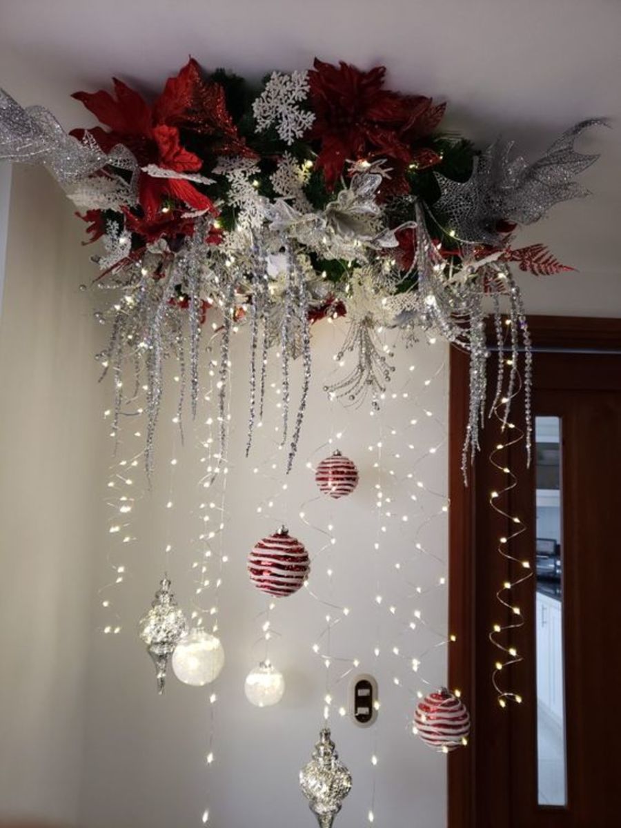Amazing Ceiling Decoration With Poinsettias, Snowflakes and Baubles