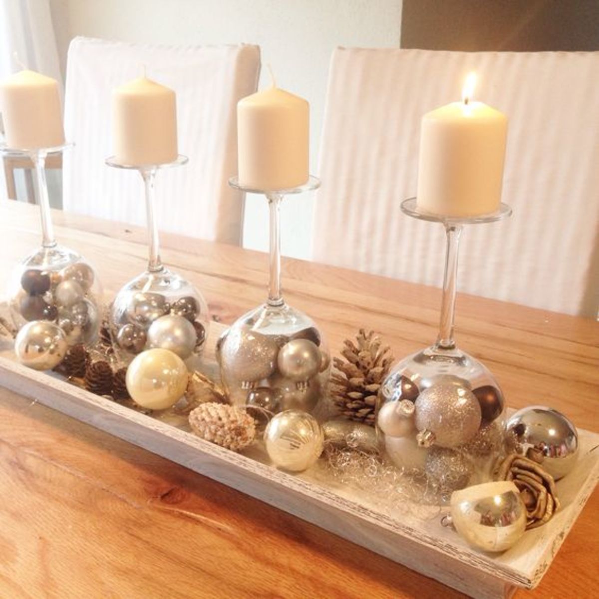 Silver, Gold and White Centerpiece With Wine Glasses and Baubles