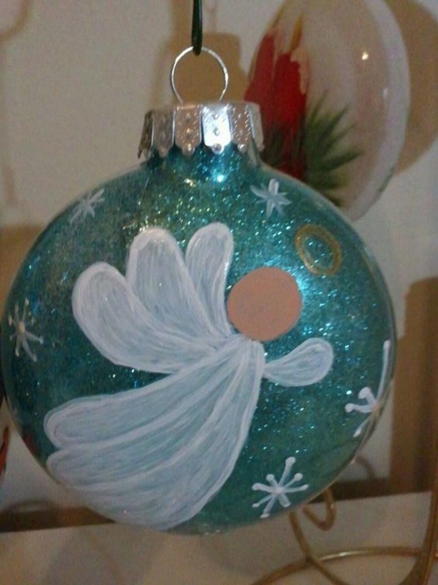 Teal Glitter Ornament With Painted Angel