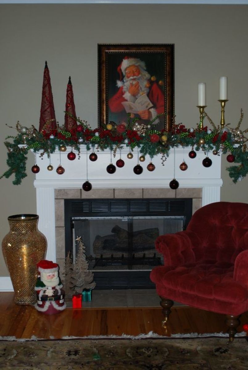 Red and Gold Mantel With Dangling Baubles