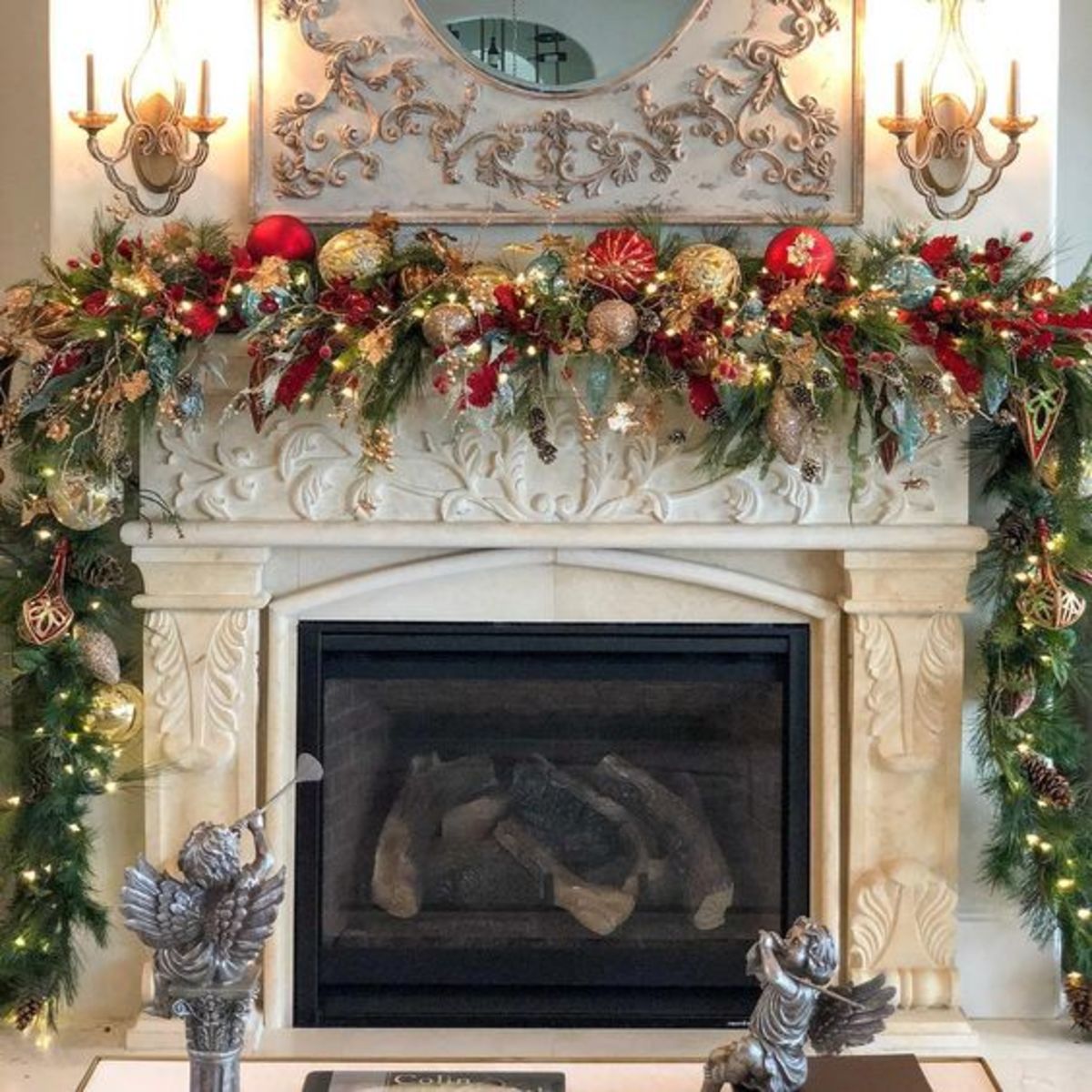 Artistic Mantel With Ornament-Bedecked Garland