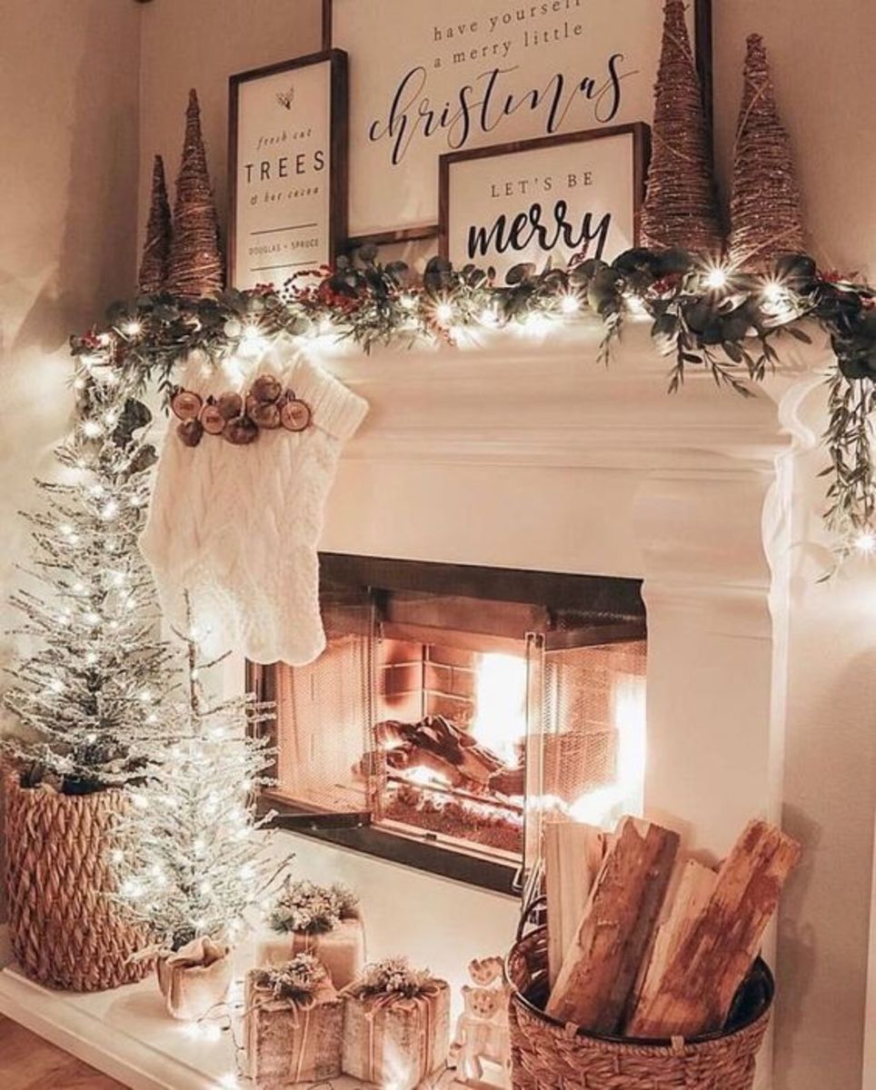Mantel With Twig Trees, Festive Greenery, Holidays Signs and Lights