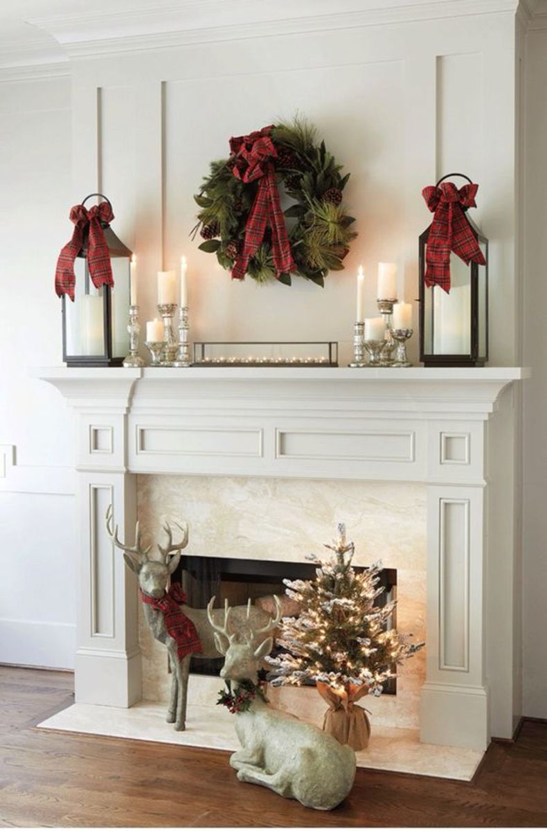 Simple Mantel With Candles, Lanterns, Wreath and Tartan Ribbons