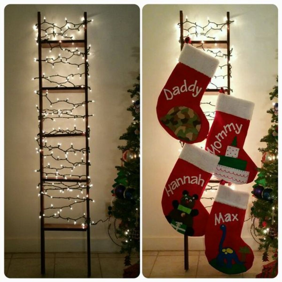 Ladder With String Lights and Stockings