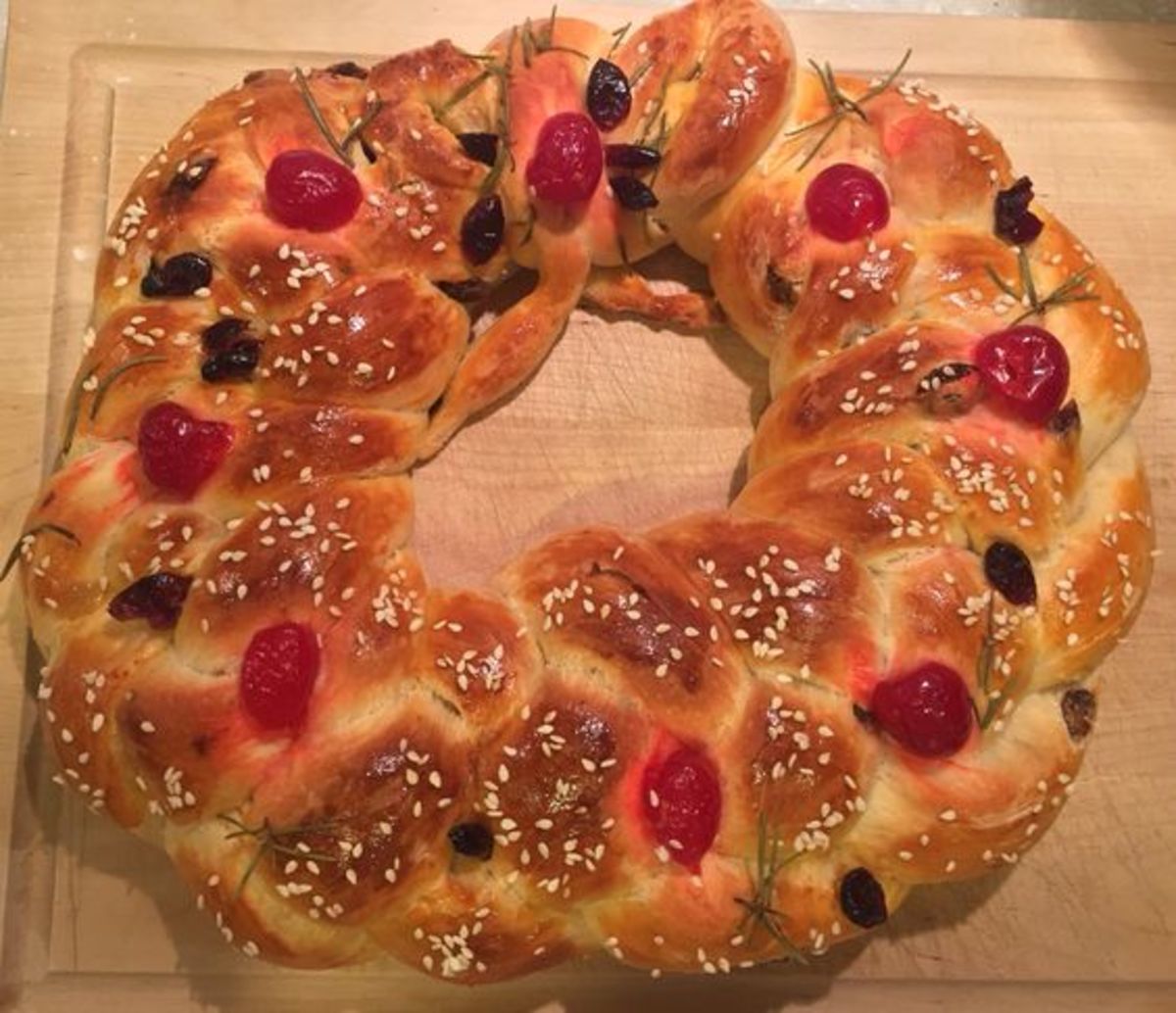 This Christmas wreath bread is studded with dried fruits.