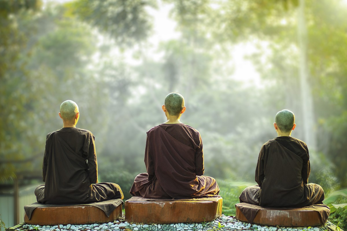 Three Theravada Buddhist nuns in meditation:  