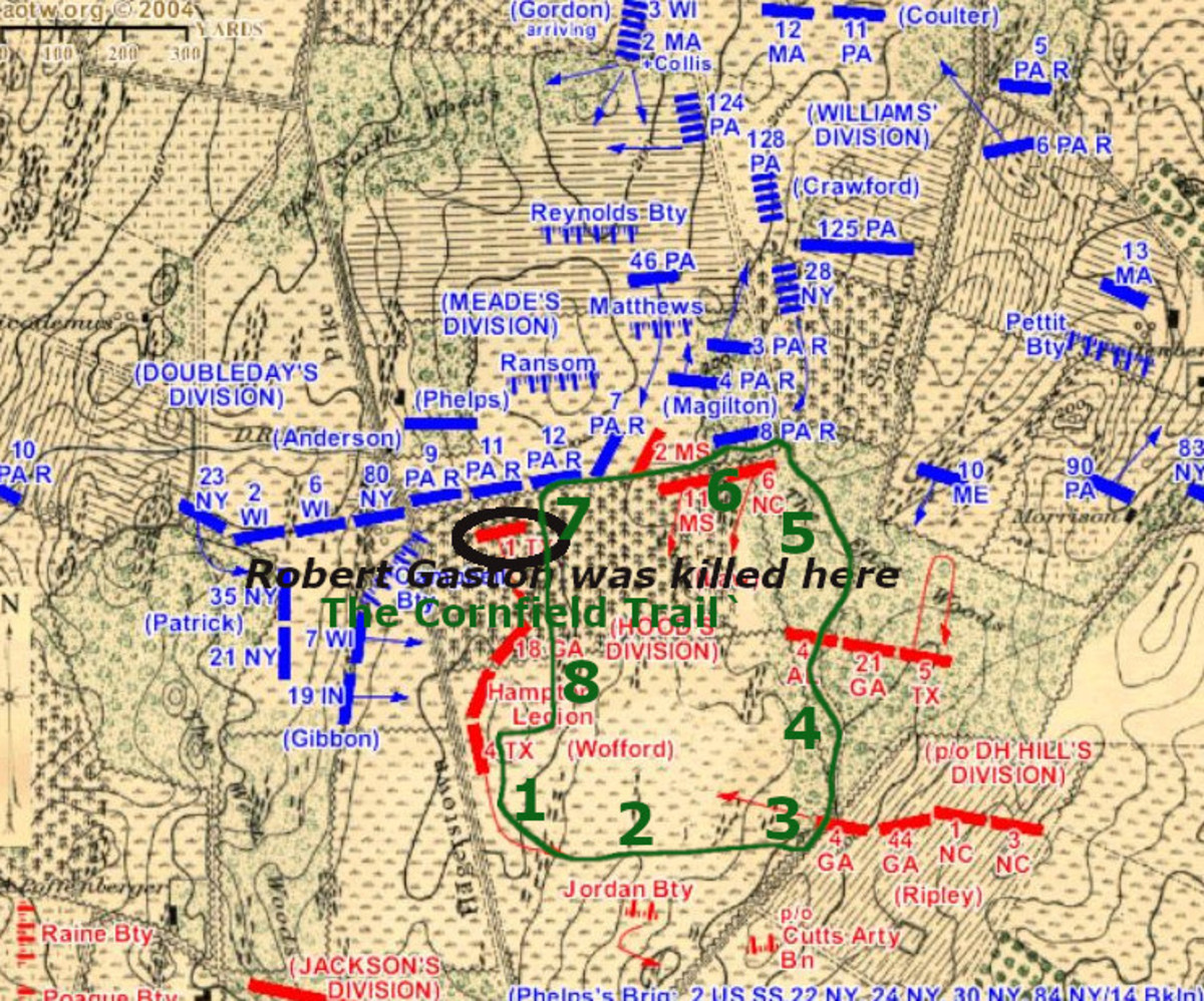 Cornfield Battle Map | Cornfield Trail and numbered trail stops shown in green | Location where Robert Gaston was killed with 1st Texas Regiment shown in black