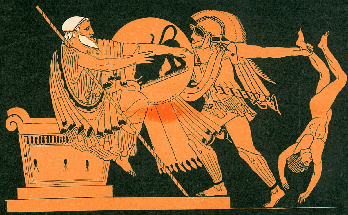 An ancient illustration said to depict Neoptolemus murdering Polites in front of Priam (the father of Polites).