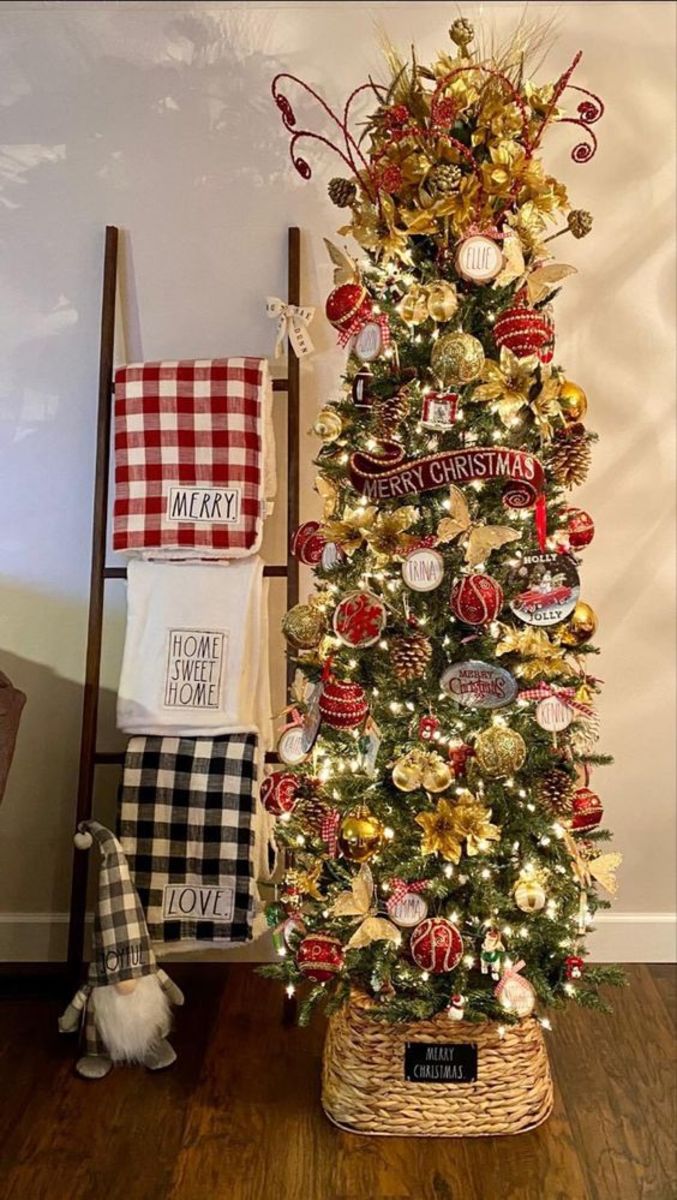 Place a rustic ladder next to your Christmas tree. Hang holiday-themed towels or linens on the rungs.