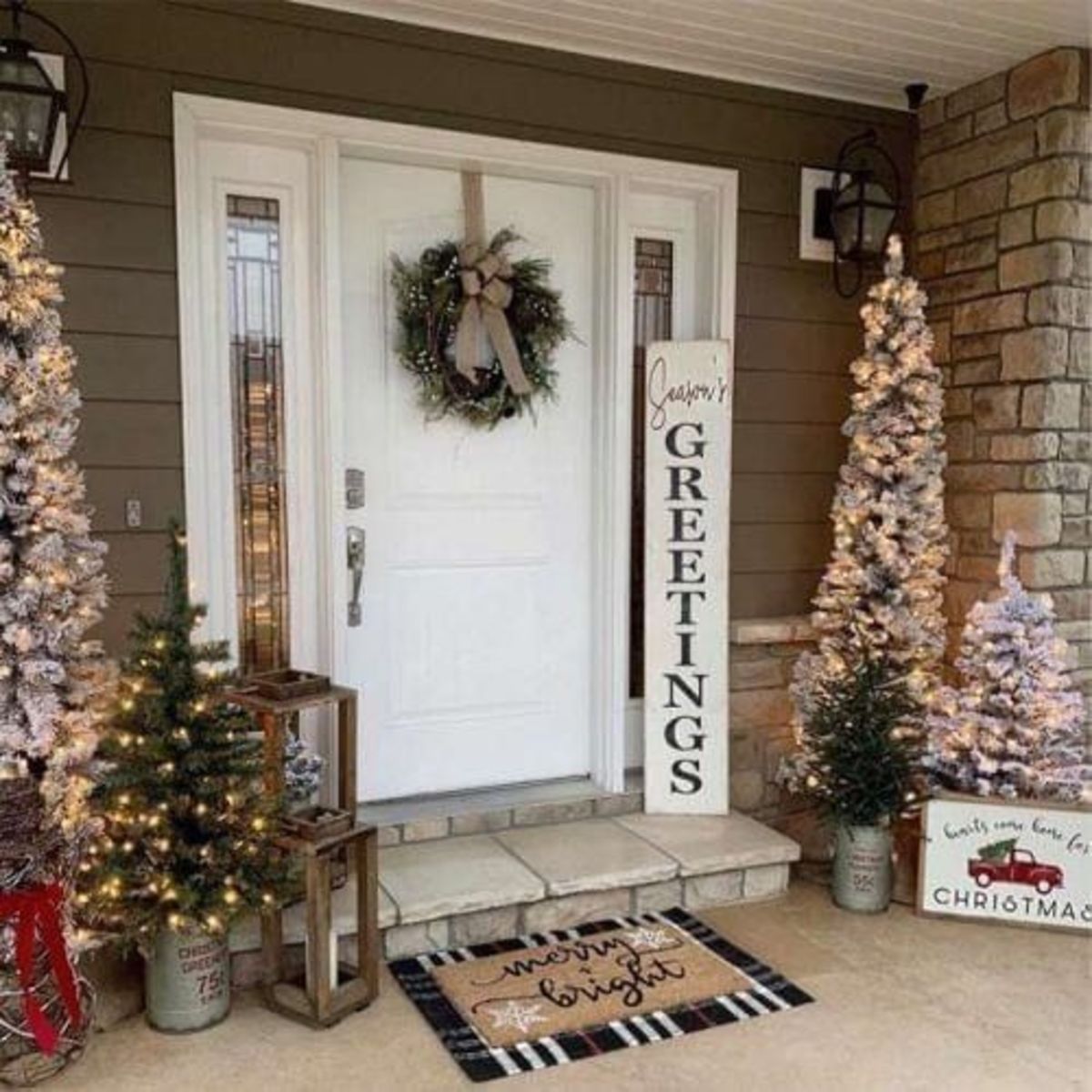 Add a rustic sign with different sizes of Christmas trees.