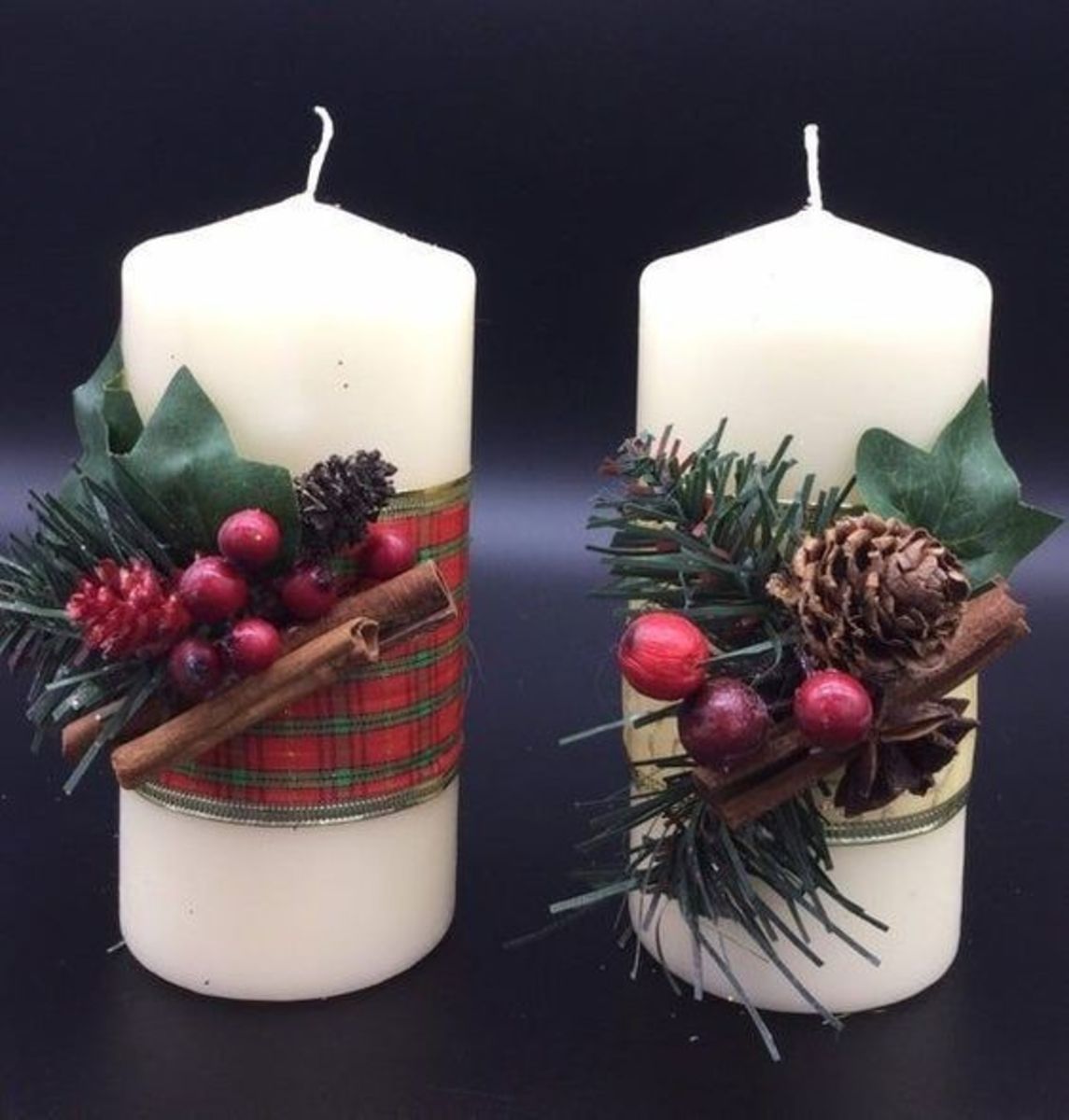 Wrap white candles with burlap and holly.
