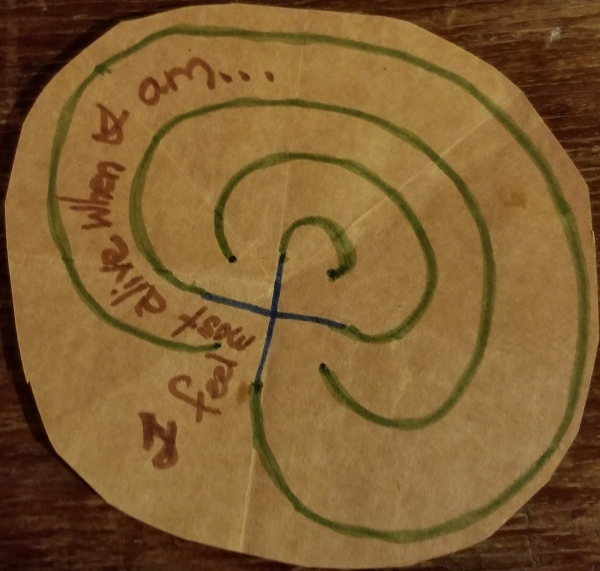 A labyrinth path drawn on paper to walk with your finger, then write on as a journal entry. I drew a bunch and left them for my neighbors in a visible place at our Common House.