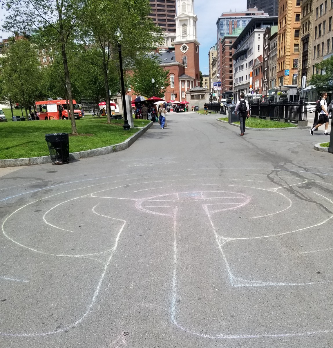 A colorful chalk labyrinth created on Boston Common by my friend James, who's also a great poet and a talented mime artist.