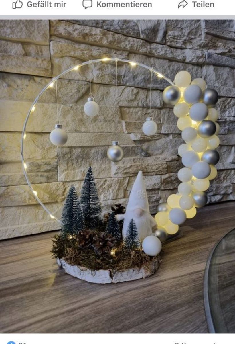 Hoop With Mini White Baubles, String Lights and Christmas Village