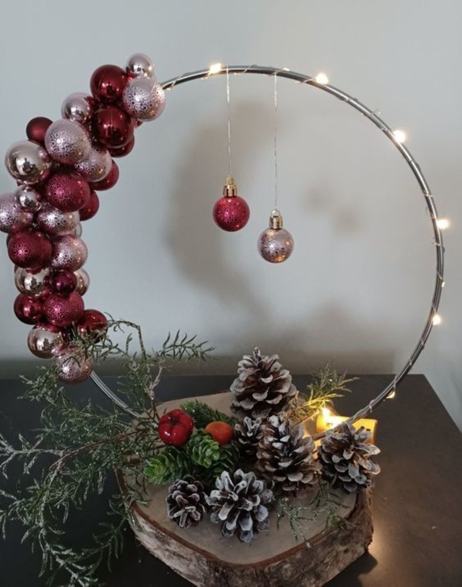 Red and Rose-Coloured Baubles With Pine Cones