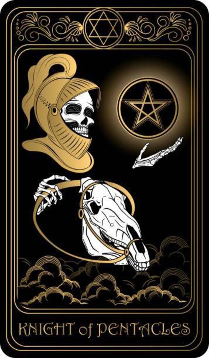 In a romantic reading, the Knight of Pentacles is a reliable, trustworthy, hard-working suitor who shows love through actions and acts of service. This suitor isn't quick to move, and they're not very emotionally giving.