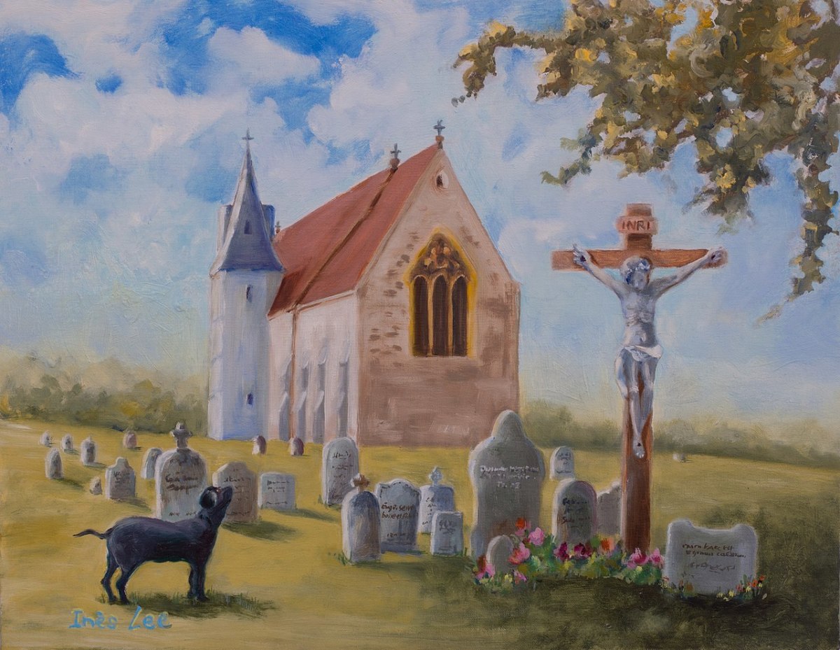 A black dog guarding a church. Church Grim, is that you?