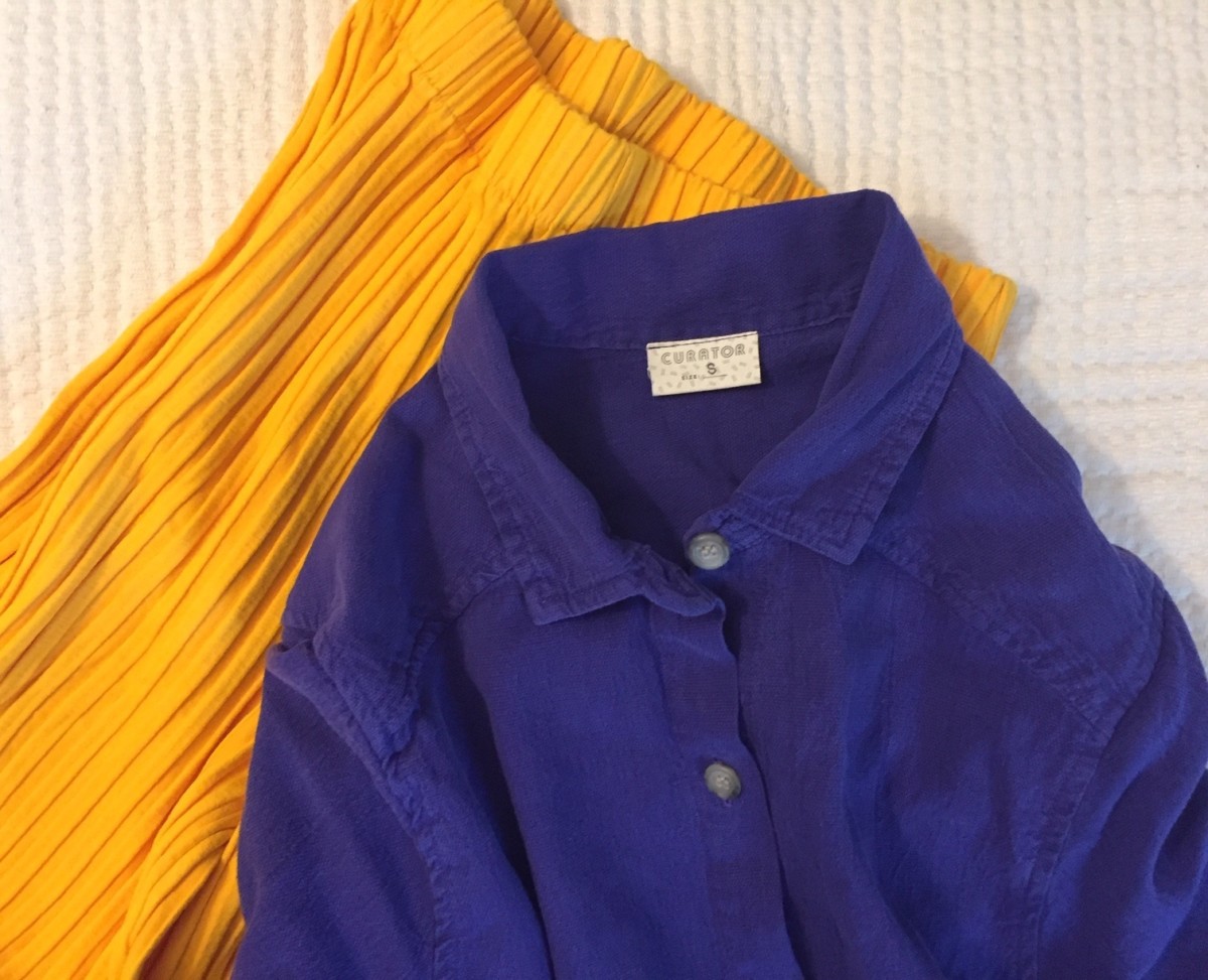 Colorful clothing made in America -- a ribbed pant from Simon MIller and a workshirt (on 5'4" tall me, long enough to wear as a cute dress) from Curator SF