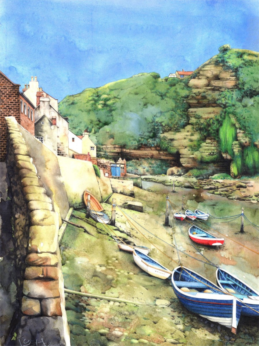 Staithes Beck, low tide.  Watercolour by Helen Lush