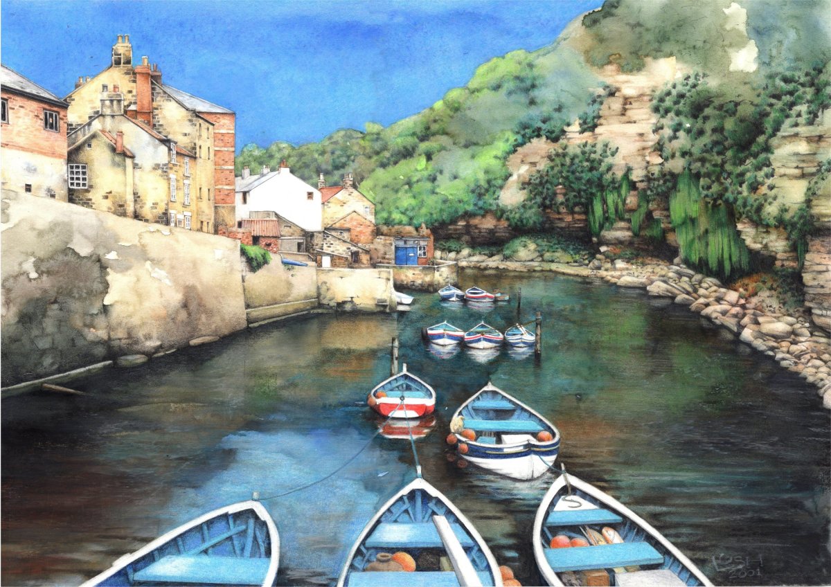 Staithes Beck, High Tide.  Watercolour by Helen Lush