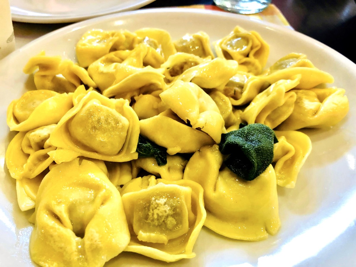 A dish of Italian tortelli with butter & sage