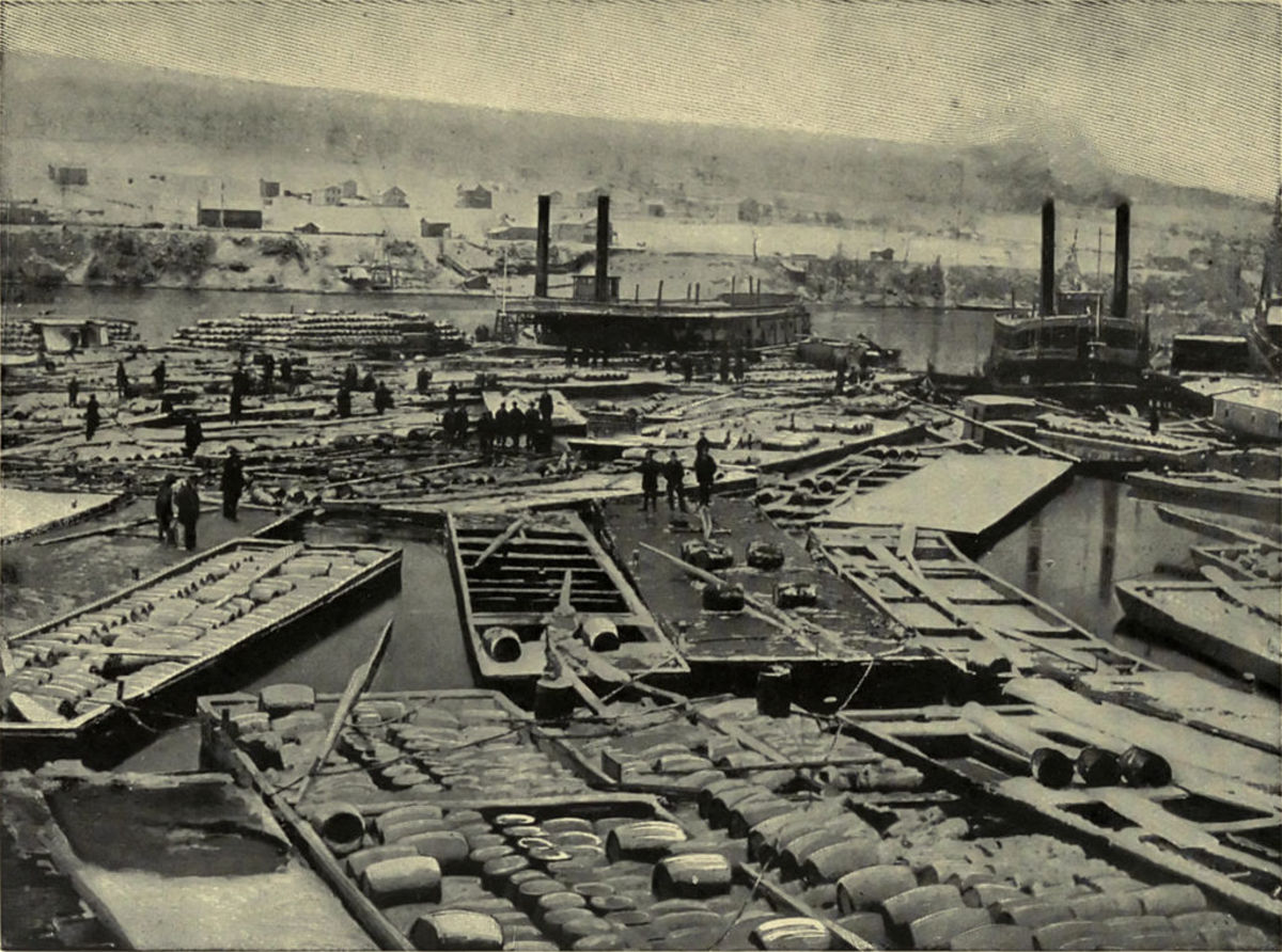 Oil City full of oil boats in 1864 during the American Civil War.