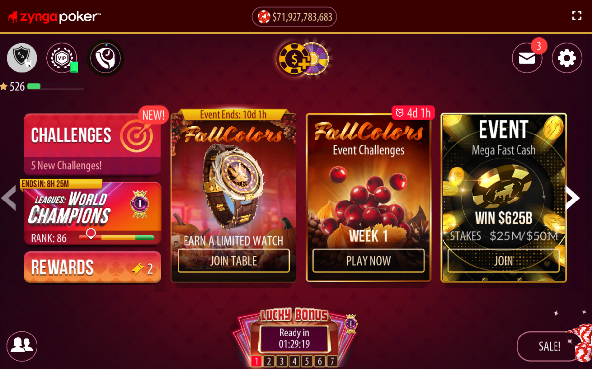 The "Zynga Poker" main menu screen.