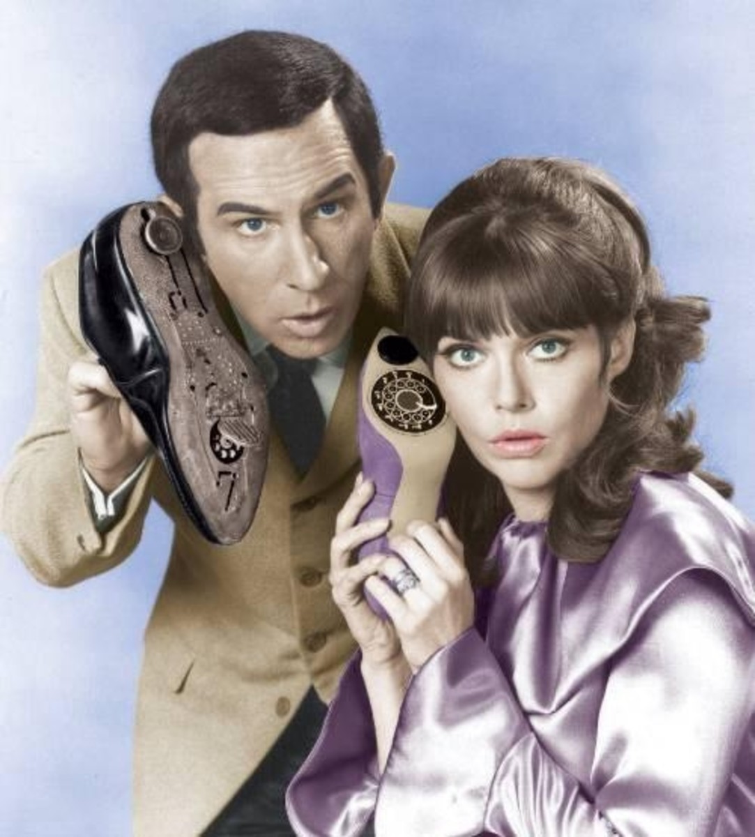 Agents 86 and 99 with show phones in Get Smart, 1960s - 1970s. Property of CBS and NBC. 