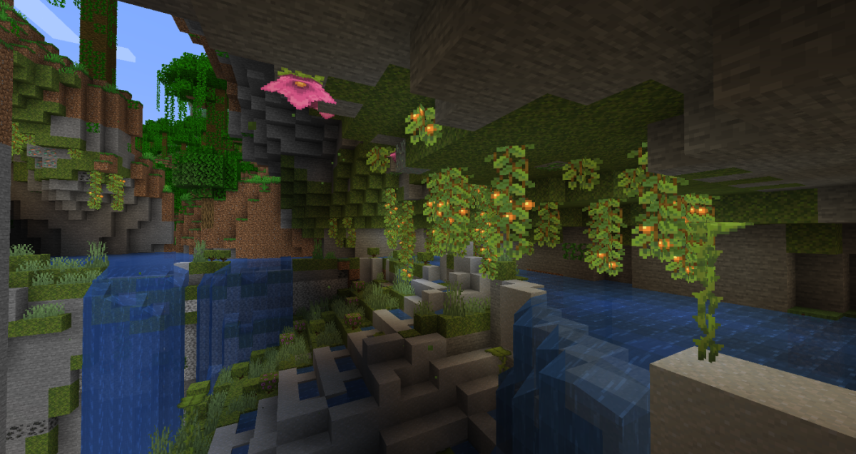Lush cave with an aquifer.