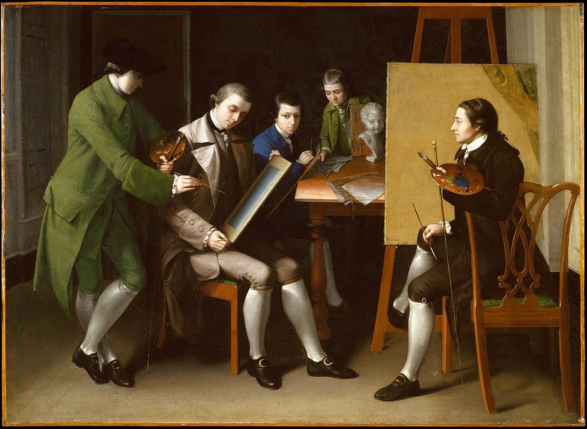 The American School by Matthew Pratt 1765. The picture depicts a scene in the studio of Benjamin West, who is generally agreed to be the figure standing at the left. Based on comparisons to self-portraits, Pratt is the man at the easel. 
