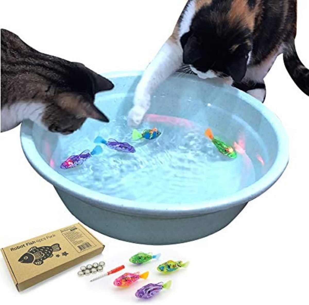 These are robot fish that can swim.  Your cat may make a mess with the water you supply in a basin of your own.  The basin does NOT come with the fish.