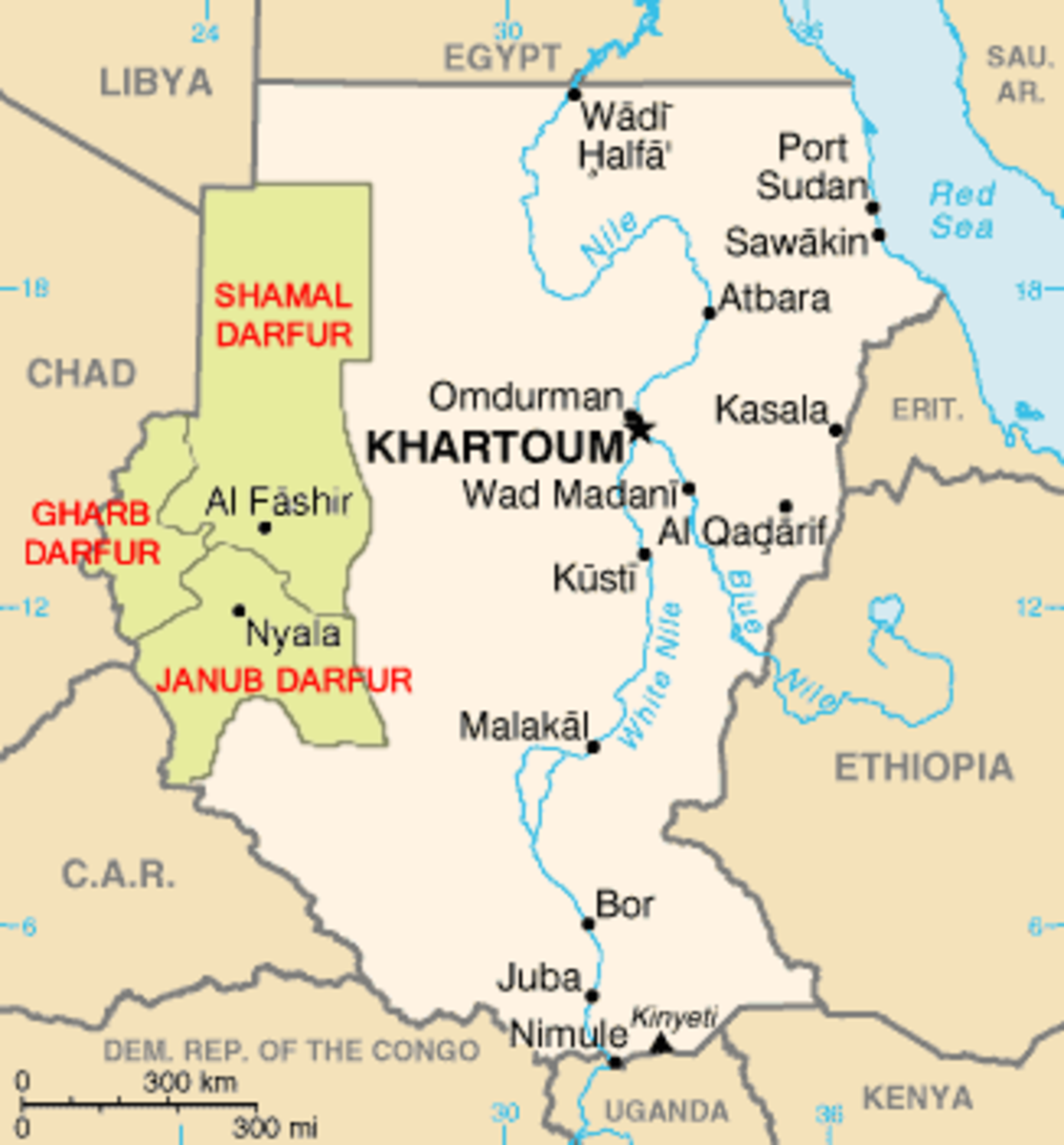 Map showing the affected regions of the Darfur Genocide.