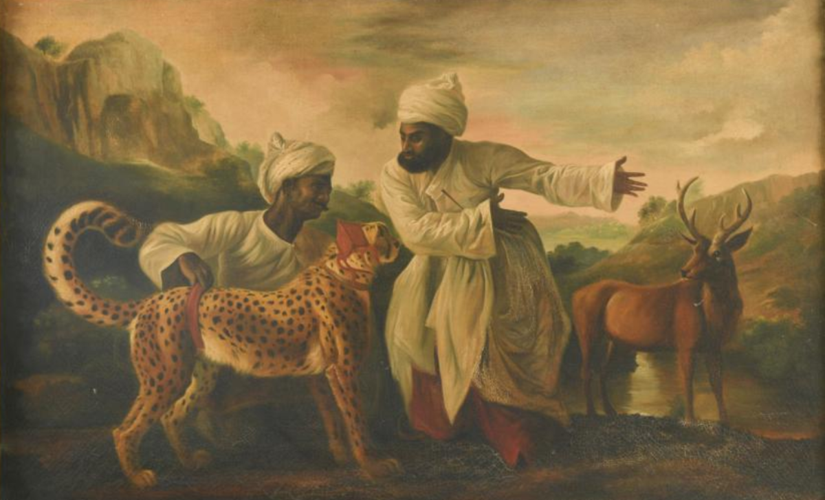 George Stubbs (British, 1724-1806) A Cheetah and a Stag with two Indian servants oil on canvas