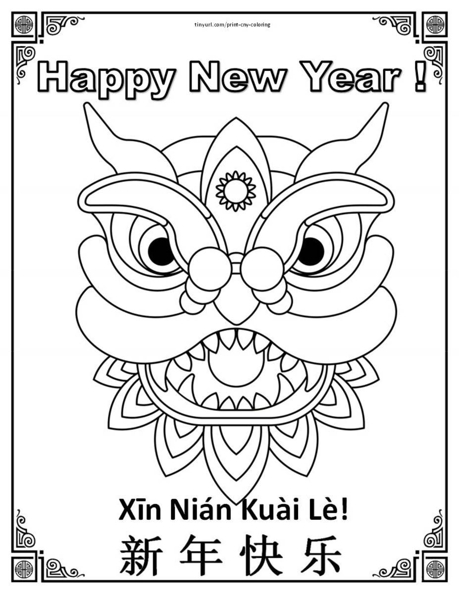 This coloring page shows the face of a lion costume which is used for the lion dance.