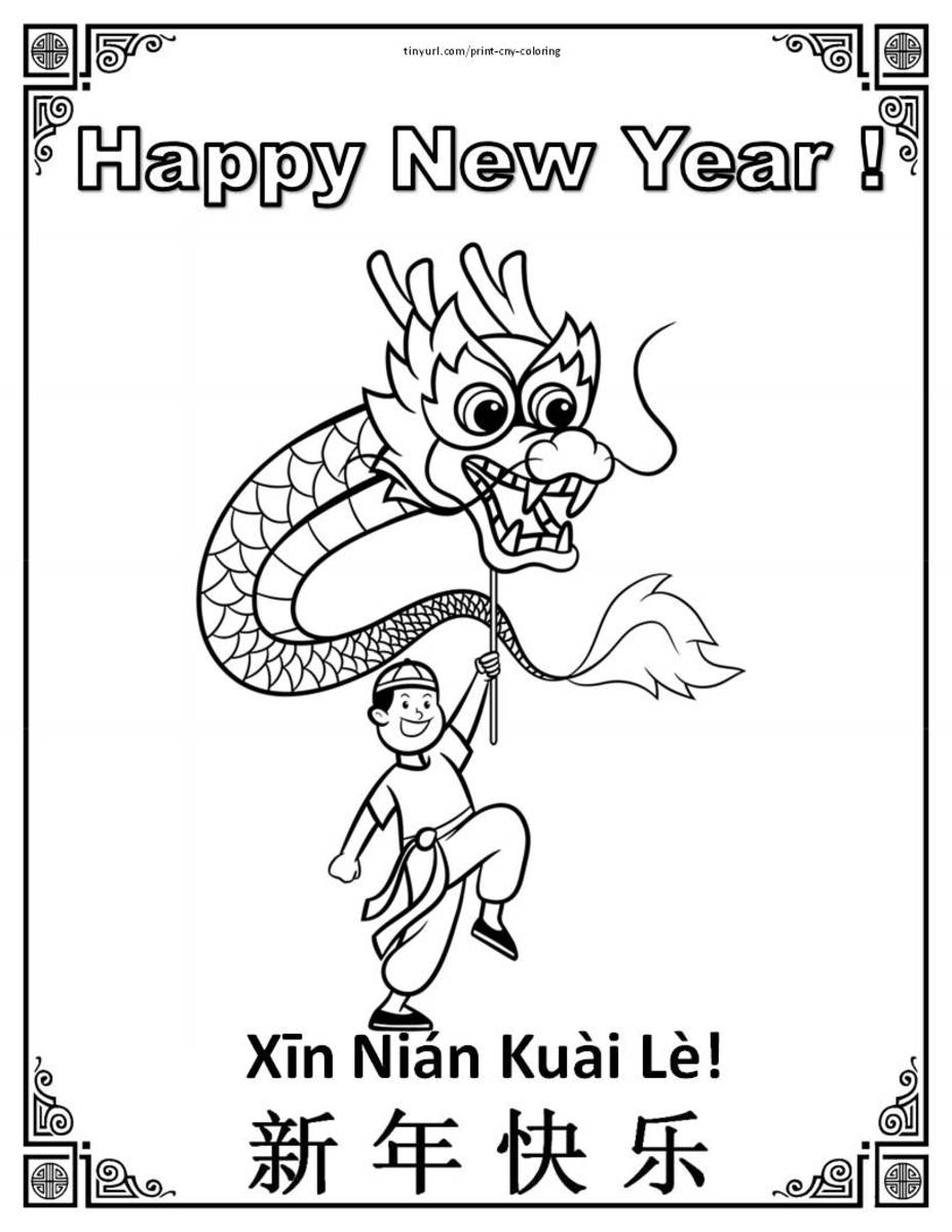 This coloring page features a boy holding a dragon which is used in parades and performances.