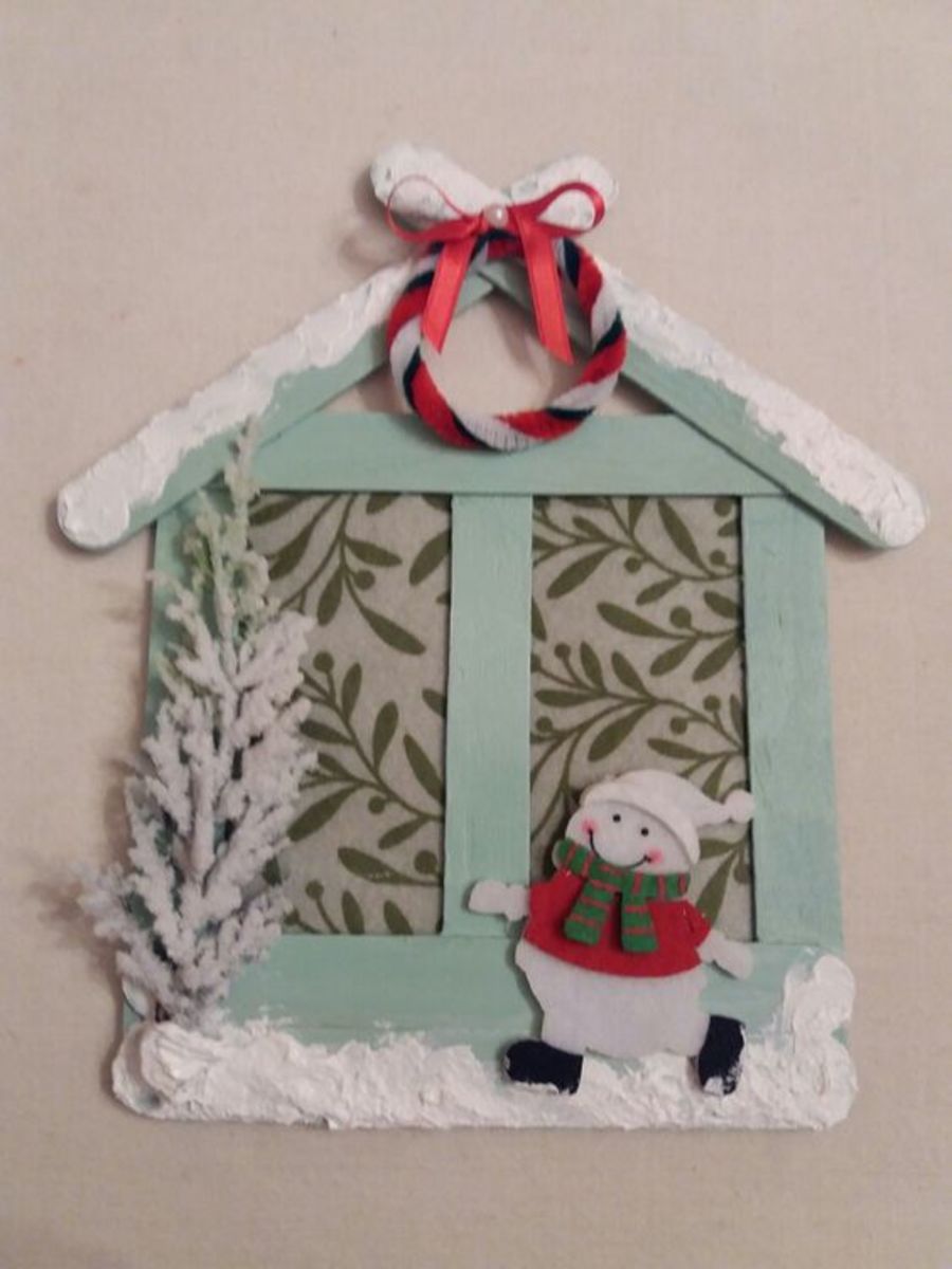 Craft Stick House With Snowman and Tree