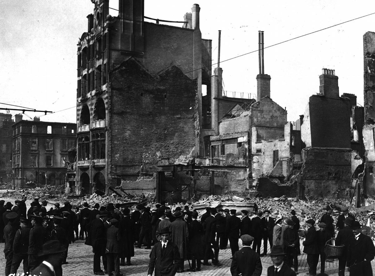 Damage caused to Dublin by the British warship HMY Helga, which pounded the city during the Rising