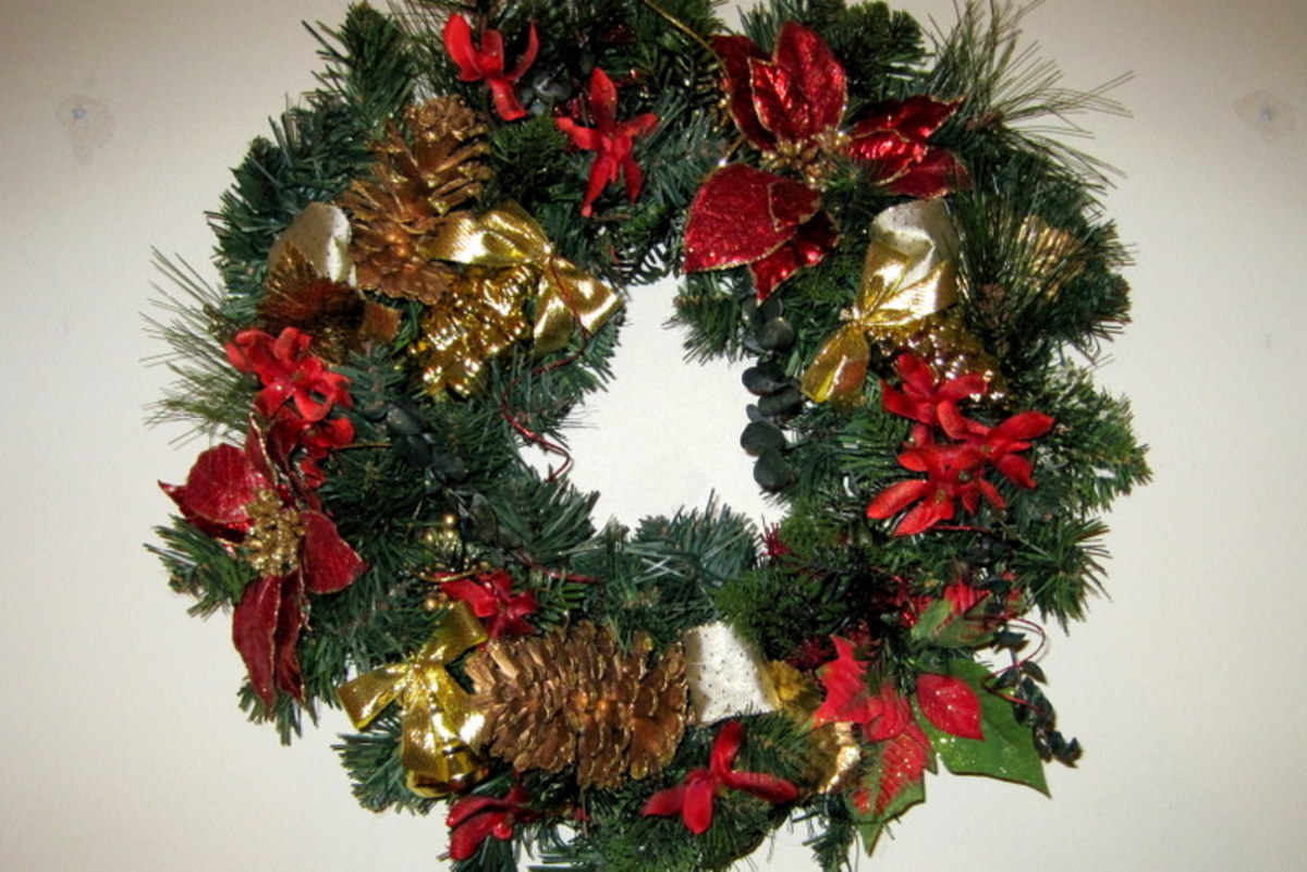 Red & Green Christmas Wreath - gold ribbon, large gold pine cones, silk poinsettia flowers, and greenery. 