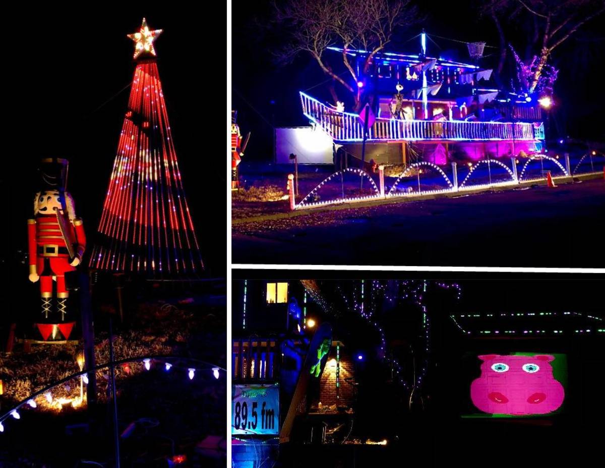At left, giant nutcracker and tree w/ synchronized lights. Top right, pirate ship. Bottom right, hippo projection on garage.