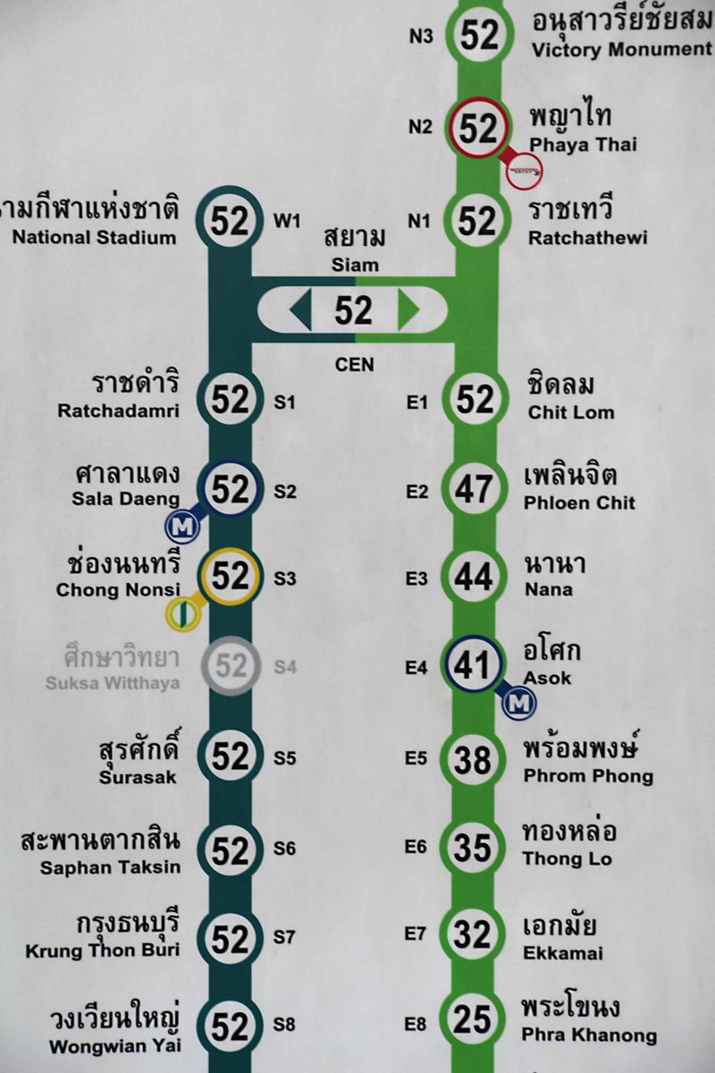A chart shows the price of a ticket to all other stations on the two skytrain lines, from the station at which you embark