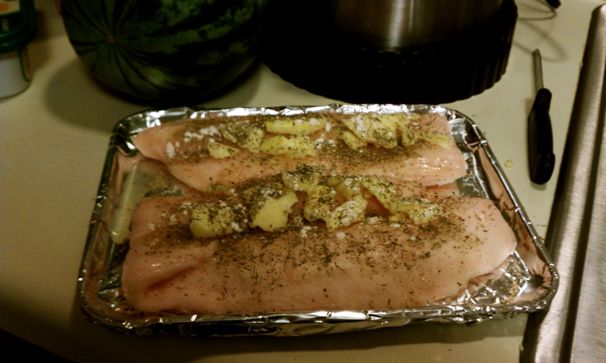 White fish seasoned with garlic, olive oil, dill, and tarragon, broiled in toaster oven. Easy, healthy, tasty.