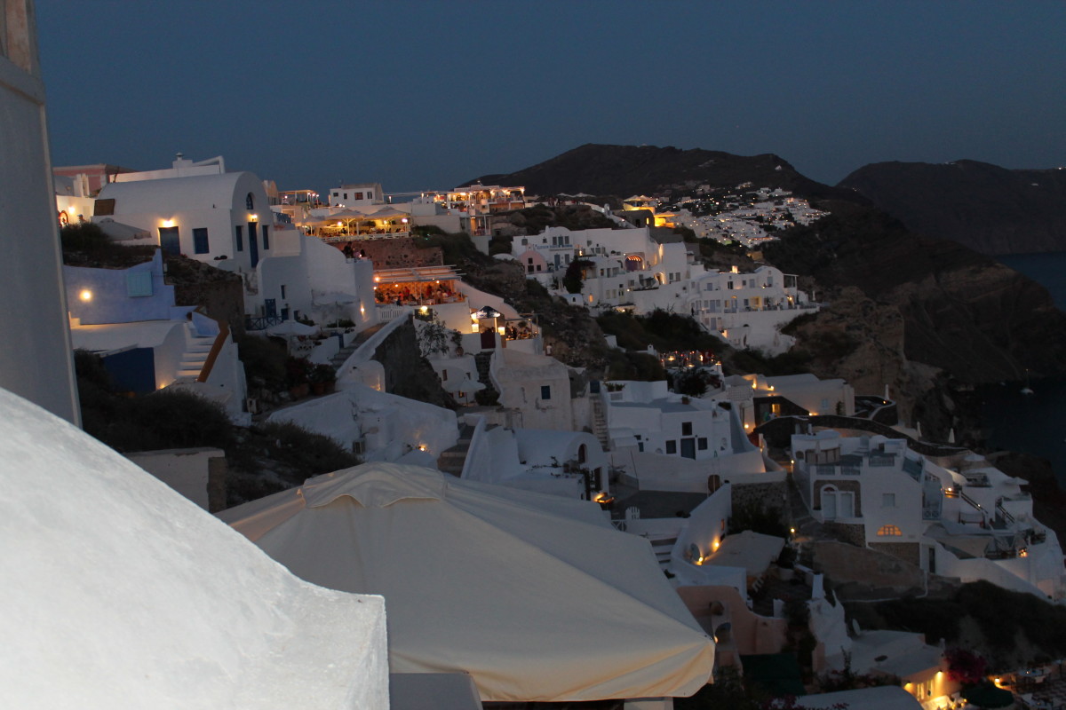 The hilltop village of Oia in Santorini, Greece, after sunset. September 2014.