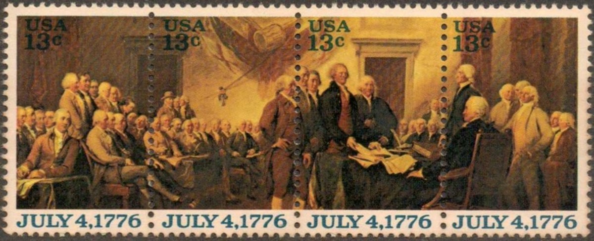 Strip of four U.S. 13 cent postage stamps issued in 1976 commemorating the Declaration of Independence and the bicentennial of America.