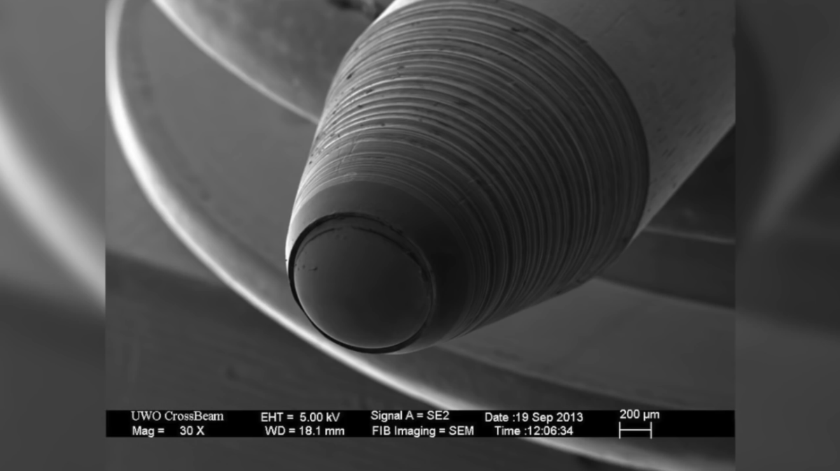 A round-tipped pen under an electron microscope
