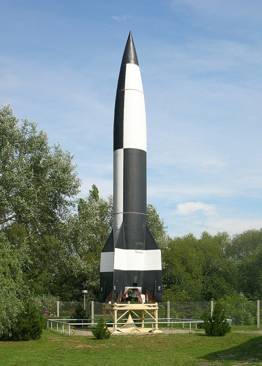 The V2-Rocket was the world's first ballistic missile. This photo depicts a V2-Rocket in the Peenemünde Museum today.