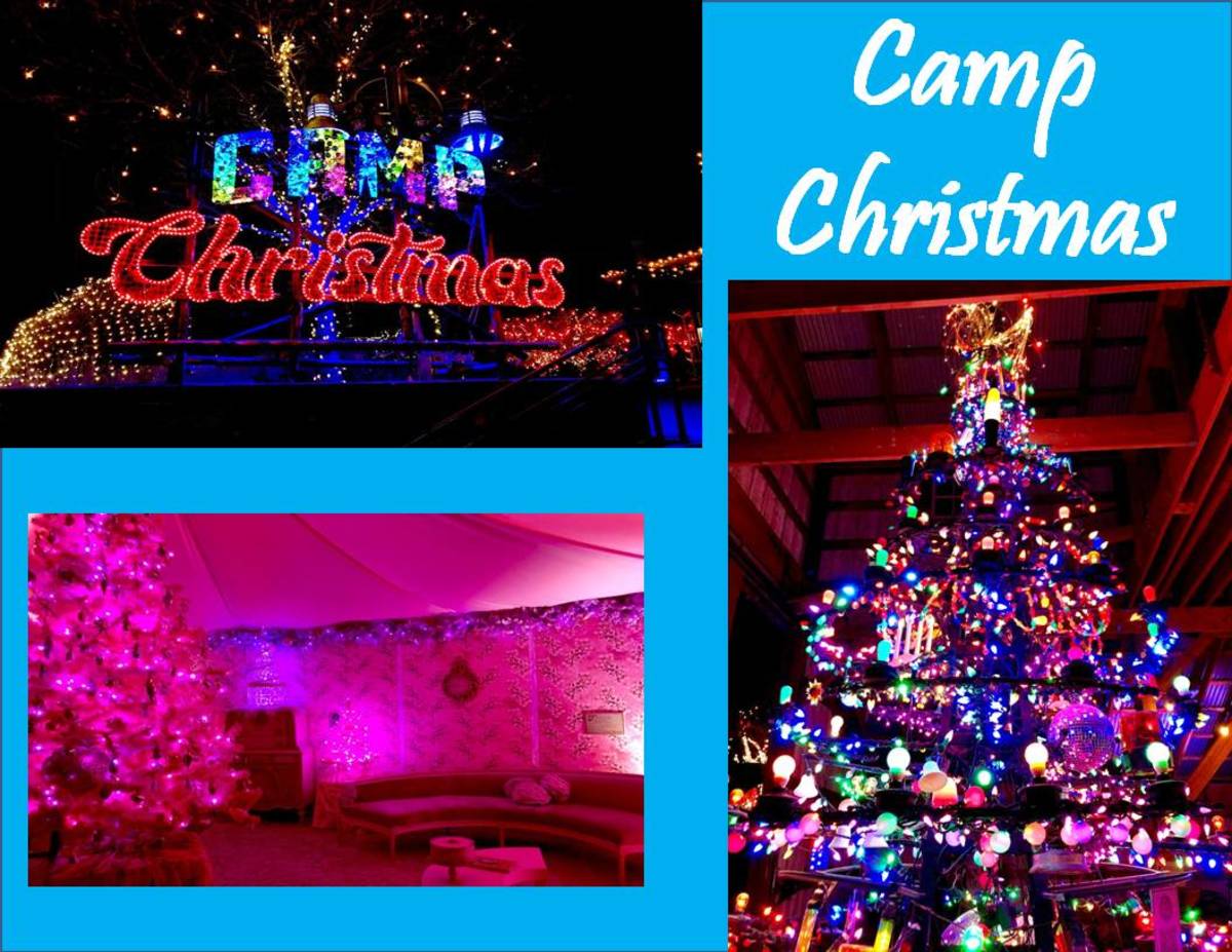 Just a few of the many displays at Camp Christmas. Clockwise from top left: Camp Christmas sign, tree featuring lights throughout the decades, pink room.